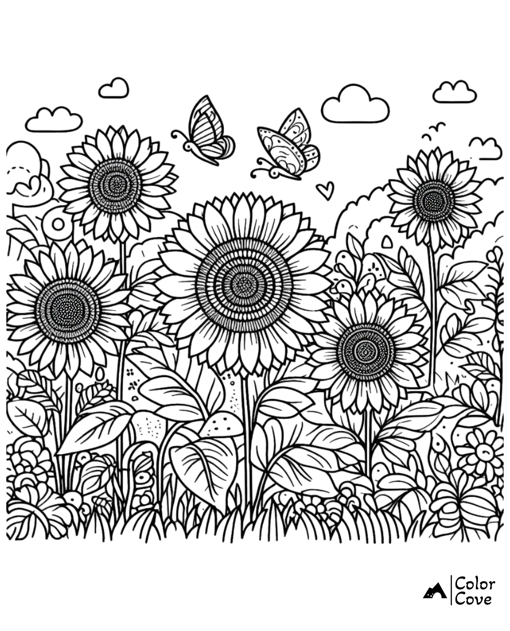 Black and white coloring page with blooming sunflowers, butterflies, and fluffy clouds by Color Cove.