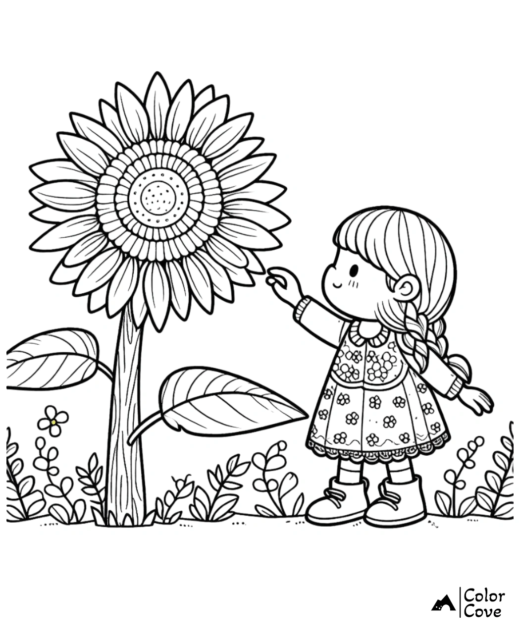 Girl admiring a large sunflower coloring page. Perfect for kids who love nature and flowers. Printable fun for children.