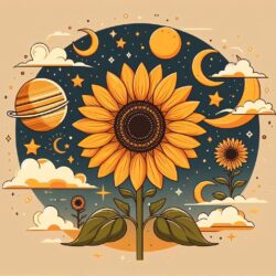 Sunflower coloring page with cosmic elements like stars, moons, planet, and clouds on a beige background.