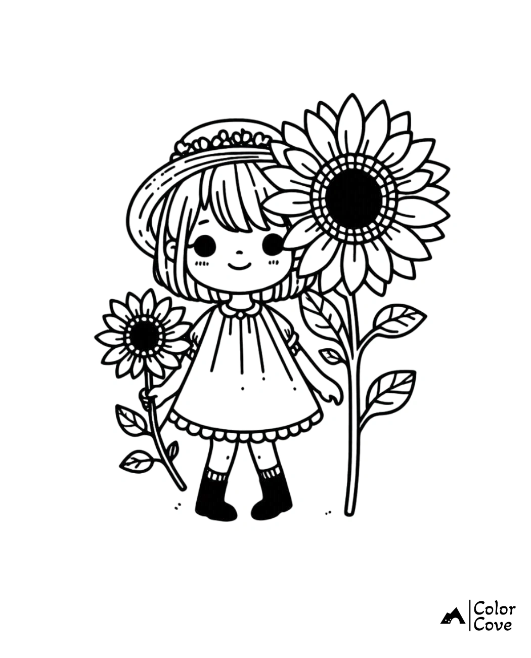 Adorable girl in a dress and hat standing next to large sunflowers, perfect coloring page for kids. ColoringCove logo in corner.