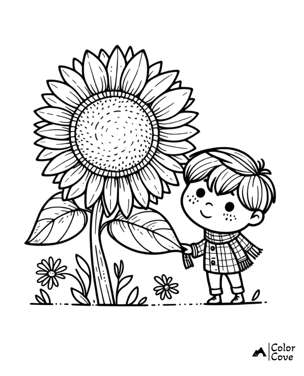 Child standing next to a giant sunflower in a garden coloring page. Cute kid with a big flower. Printable for kids.