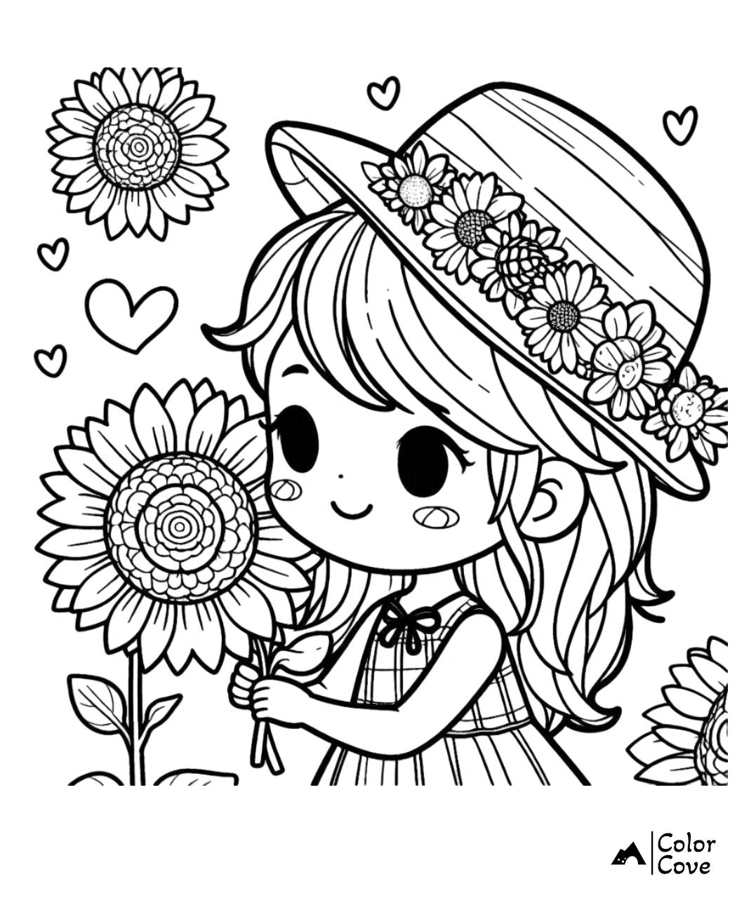 Cute coloring page of a girl in a flower hat, holding a sunflower, with hearts around. Perfect for children's art activities.