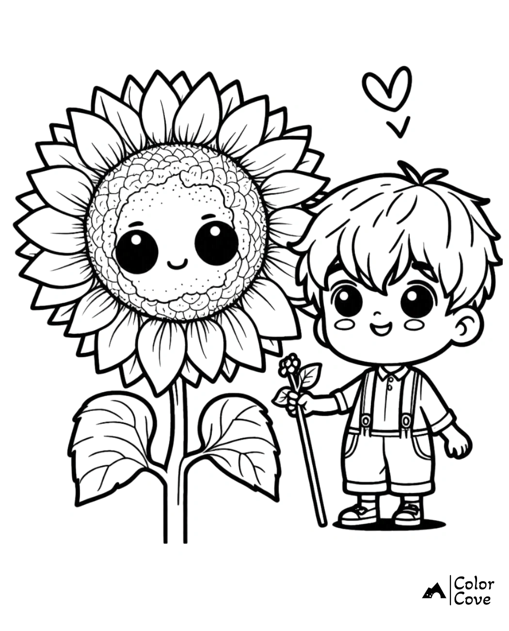 Cute coloring page of a smiling sunflower and a happy child holding a sunflower stem, perfect for kids' activities.