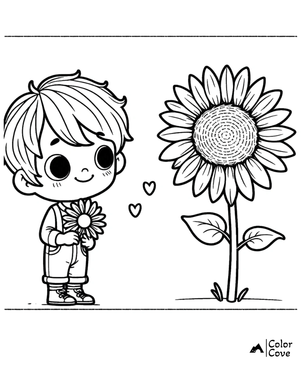 Cute coloring page of a child holding a sunflower and looking at a bigger sunflower with two hearts floating between.