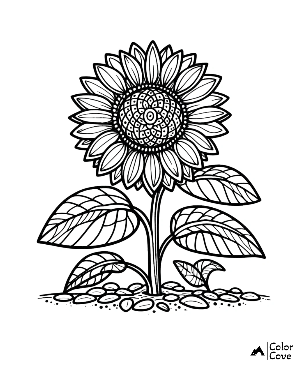 Detailed sunflower coloring page with intricate patterns on petals and leaves. Perfect for adult coloring enthusiasts.