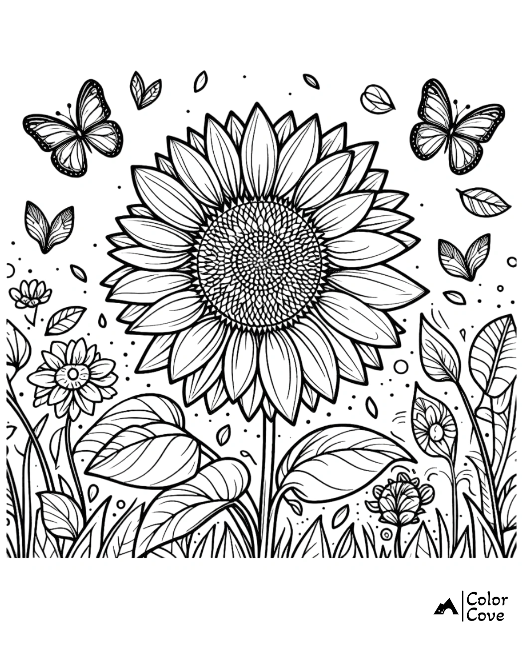 Sunflower coloring page with butterflies and leaves, perfect for kids and adults. Relax and color this intricate design.