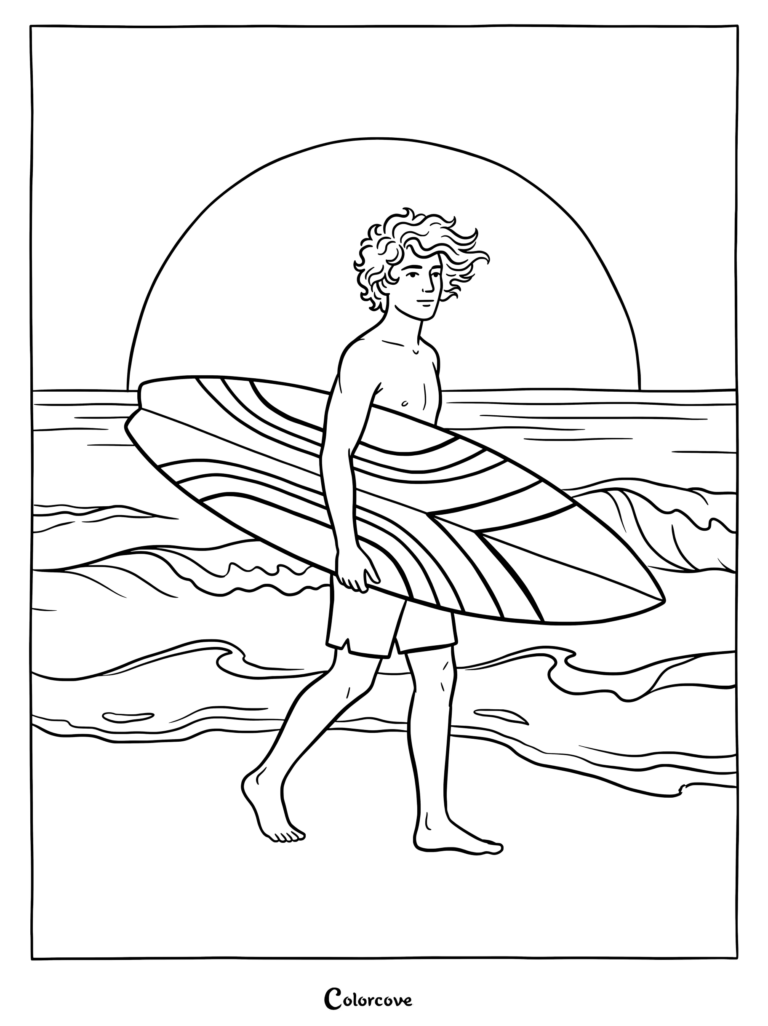 Dibujo para colorear de un surfista de pelo rizado llevando una tabla de surf a rayas en la playa durante un atardecer.
