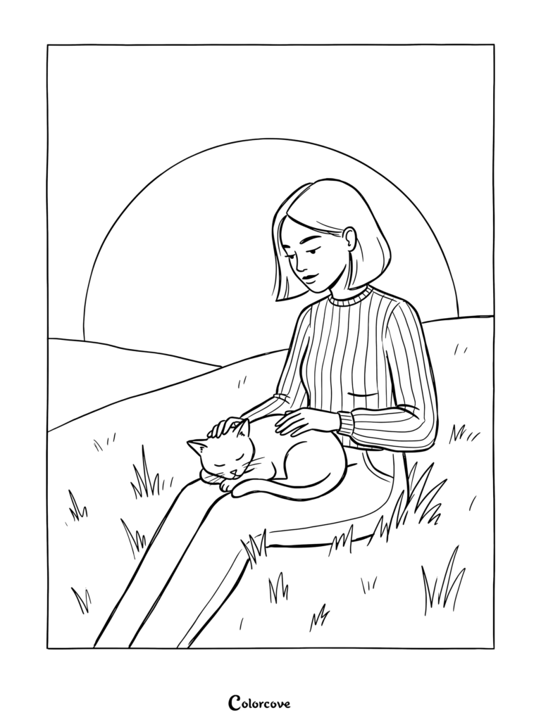 Dibujo para colorear de una mujer acariciando a un gato dormido en su regazo durante un atardecer