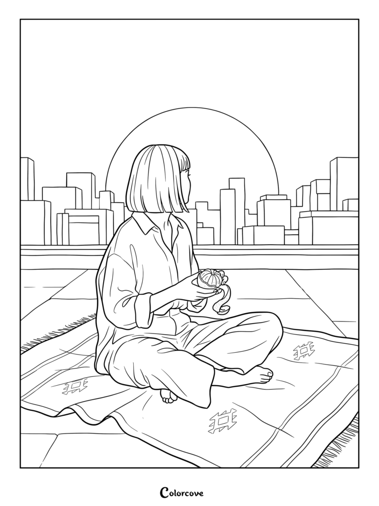 Dibujo para colorear imprimible de una mujer sentada en una alfombra estampada pelando una naranja en una azotea con vistas a la ciudad durante un atardecer.