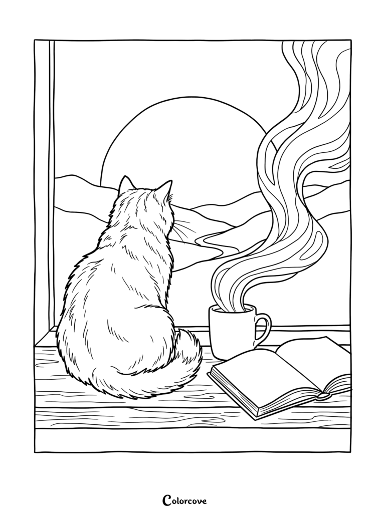 Dibujo para colorear de un gato contemplando un atardecer desde la ventana
