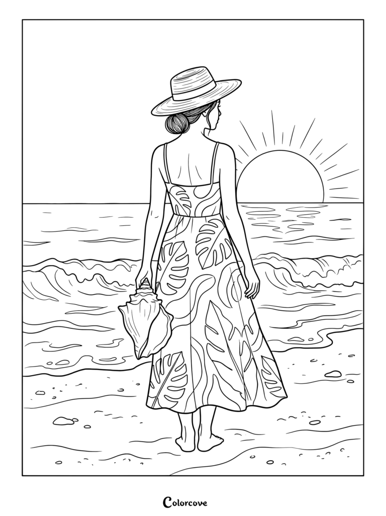 Dibujo para colorear de una mujer con sombrero de paja y vestido de hojas sosteniendo una caracola marina durante un atardecer