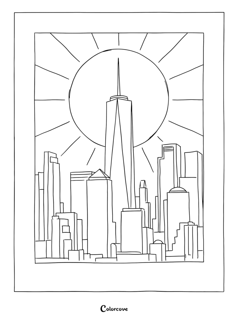 Dibujo para colorear del horizonte urbano con altos rascacielos frente a un atardecer radiante.