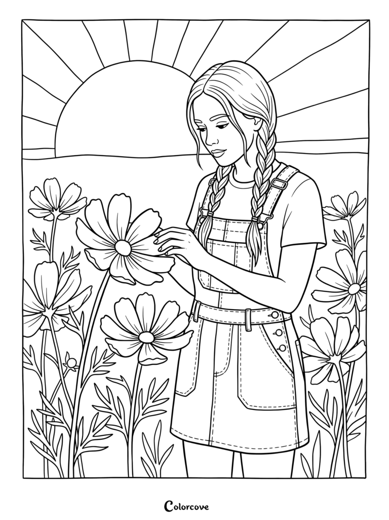 Chica en overol con pelo trenzado recogiendo flores de cosmos durante un atardecer en este dibujo para colorear imprimible.