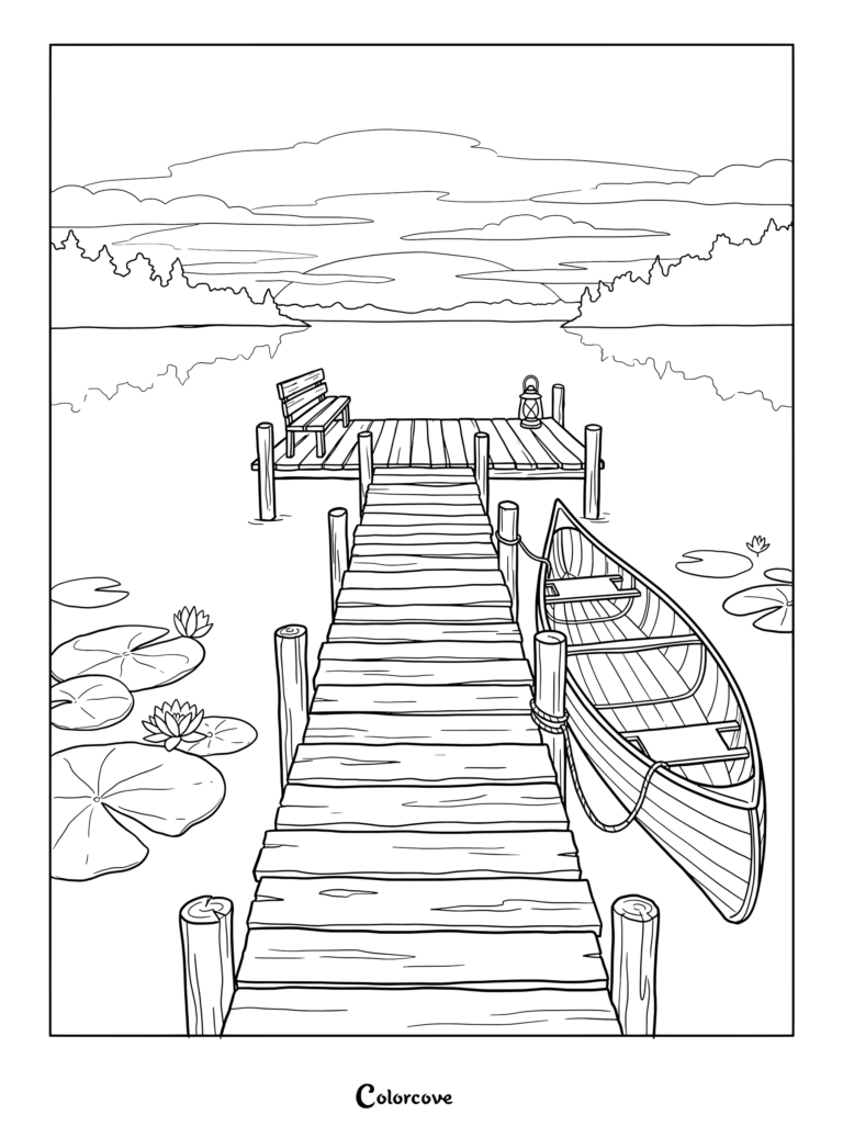 Un dibujo para colorear imprimible que muestra un muelle de madera, una canoa amarrada y nenúfares durante un atardecer.
