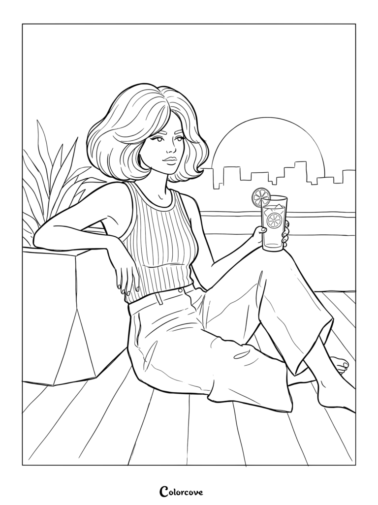 Dibujo para colorear de una mujer relajándose en un balcón con una bebida cítrica durante un atardecer.