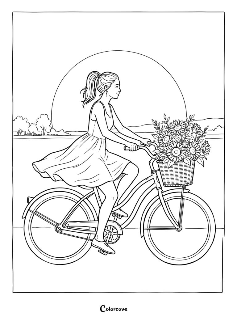 Dibujo para colorear de una chica montando en bicicleta con una cesta de girasoles durante un atardecer