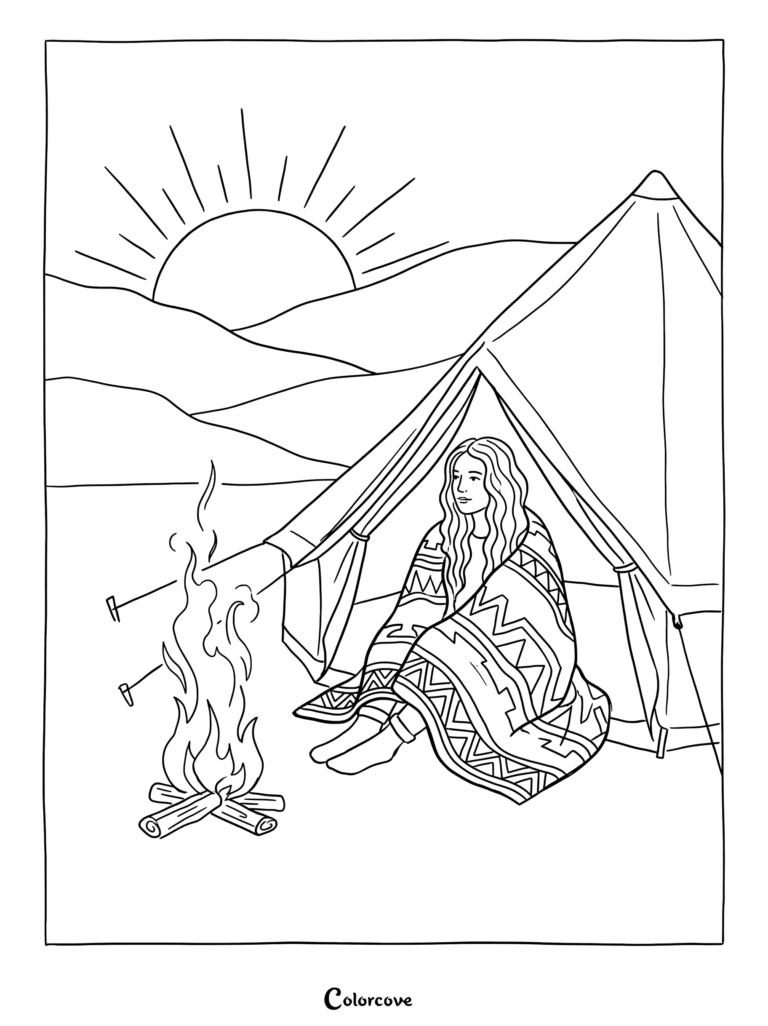 Dibujo para colorear de una mujer envuelta en una manta estampada sentada dentro de una tienda de campaña junto a una fogata durante un atardecer