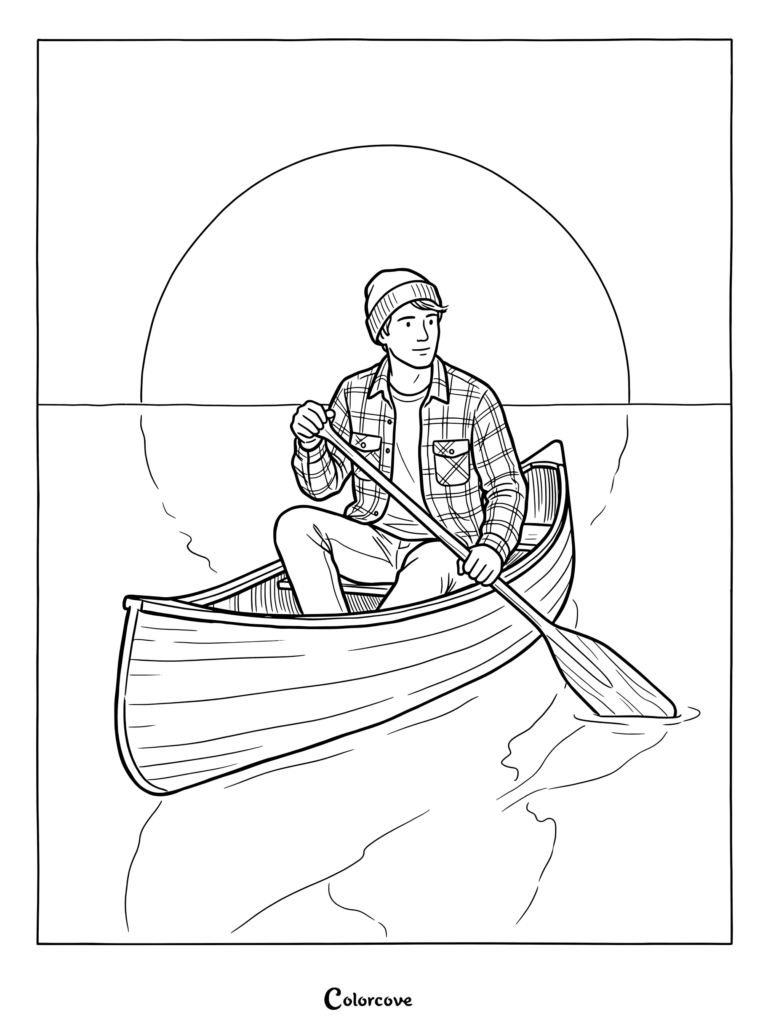Dibujo para colorear de un hombre en canoa por un lago durante un atardecer