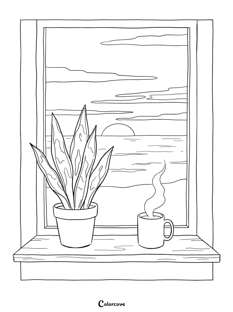 Un dibujo para colorear imprimible que presenta una sansevieria en maceta y una taza de café humeante en el alféizar de una ventana con vistas a un atardecer sereno.