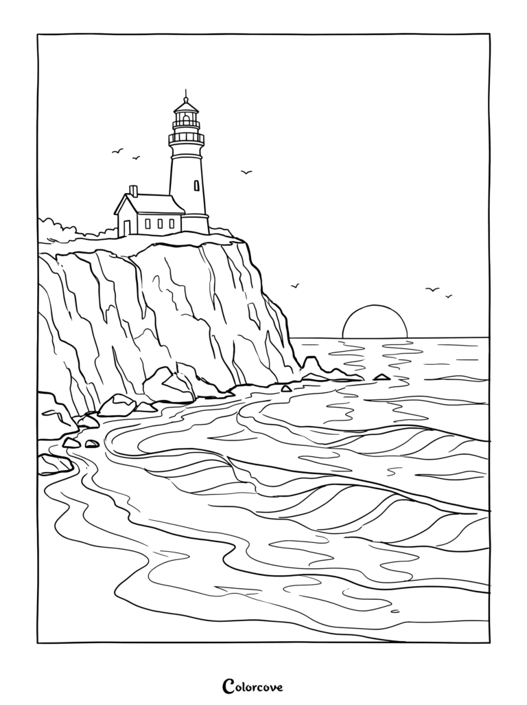 Dibujo para colorear de un faro sobre un acantilado rocoso con vistas al océano durante un apacible atardecer.