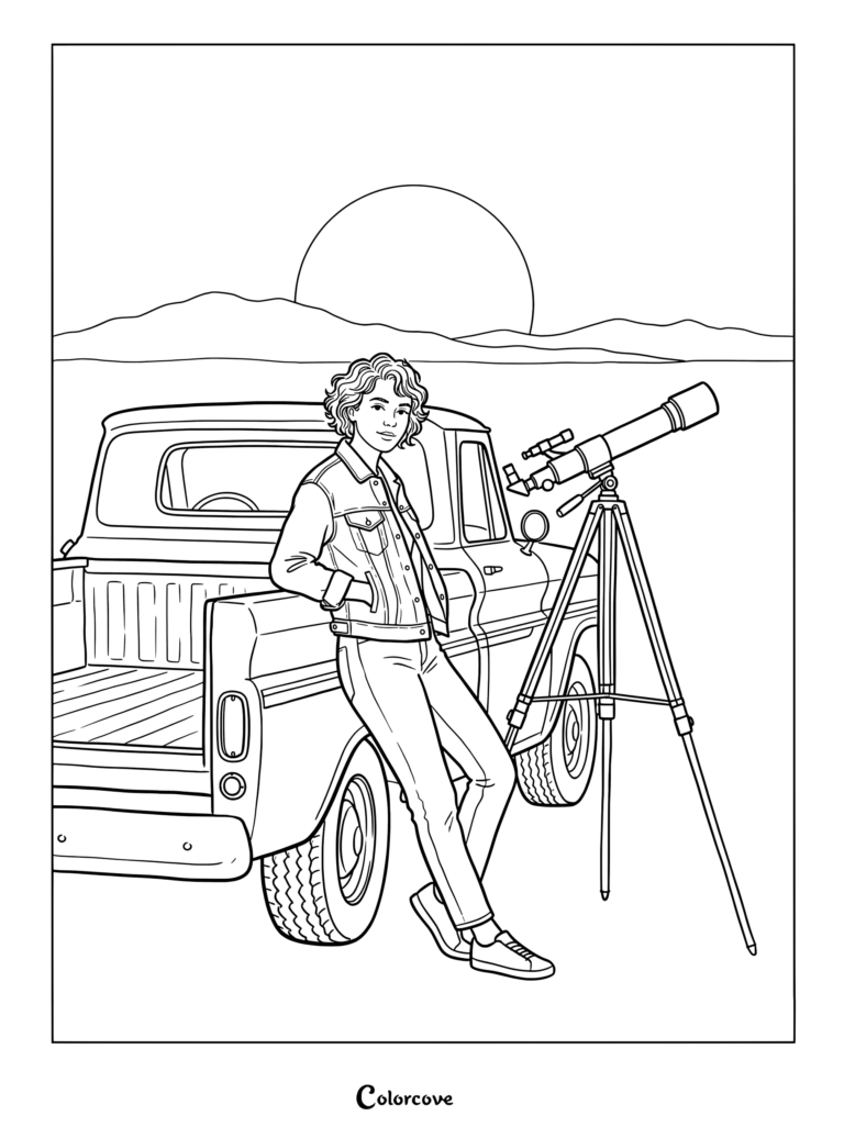 Dibujo para colorear de una chica joven de pelo rizado apoyada en una camioneta con un telescopio al aire libre durante un atardecer.