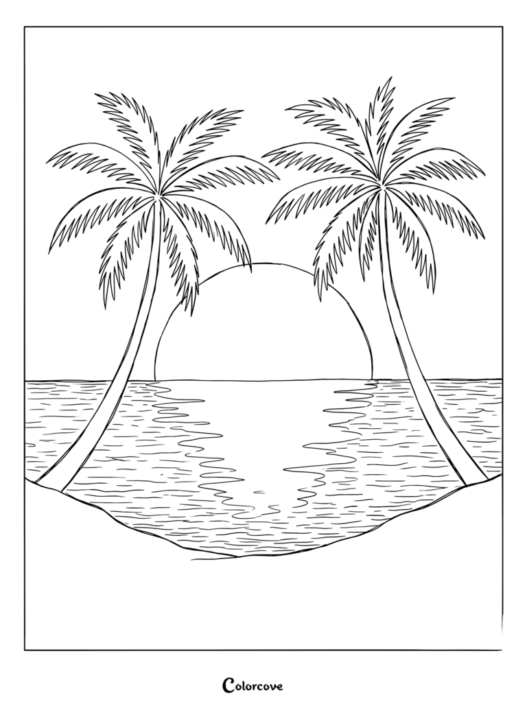 Dibujo para colorear de palmeras tropicales enmarcando un pintoresco atardecer sobre aguas marinas en calma.
