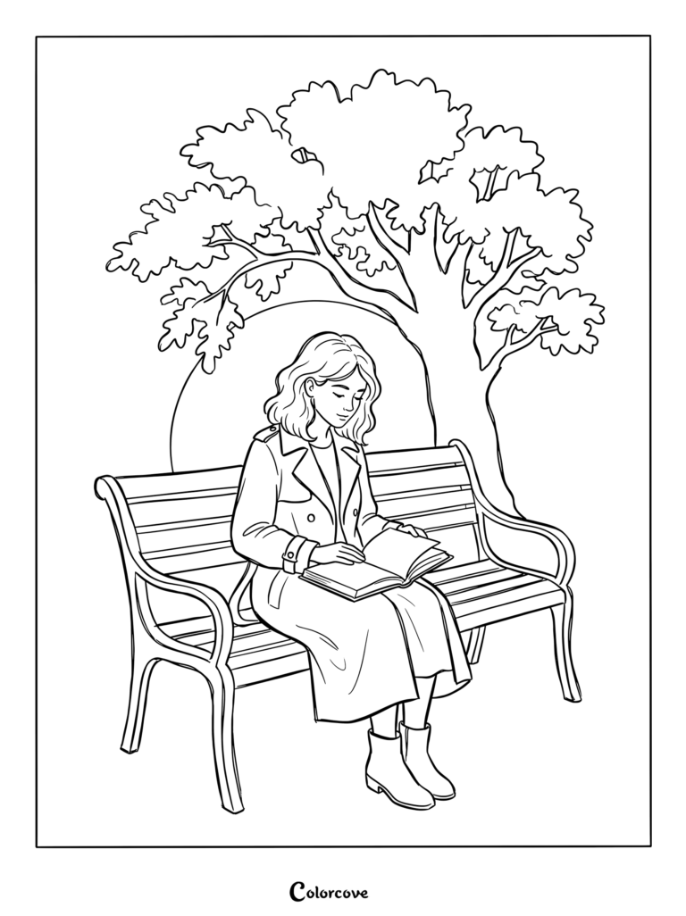 Dibujo para colorear de una mujer leyendo un libro en un banco de parque durante un atardecer.