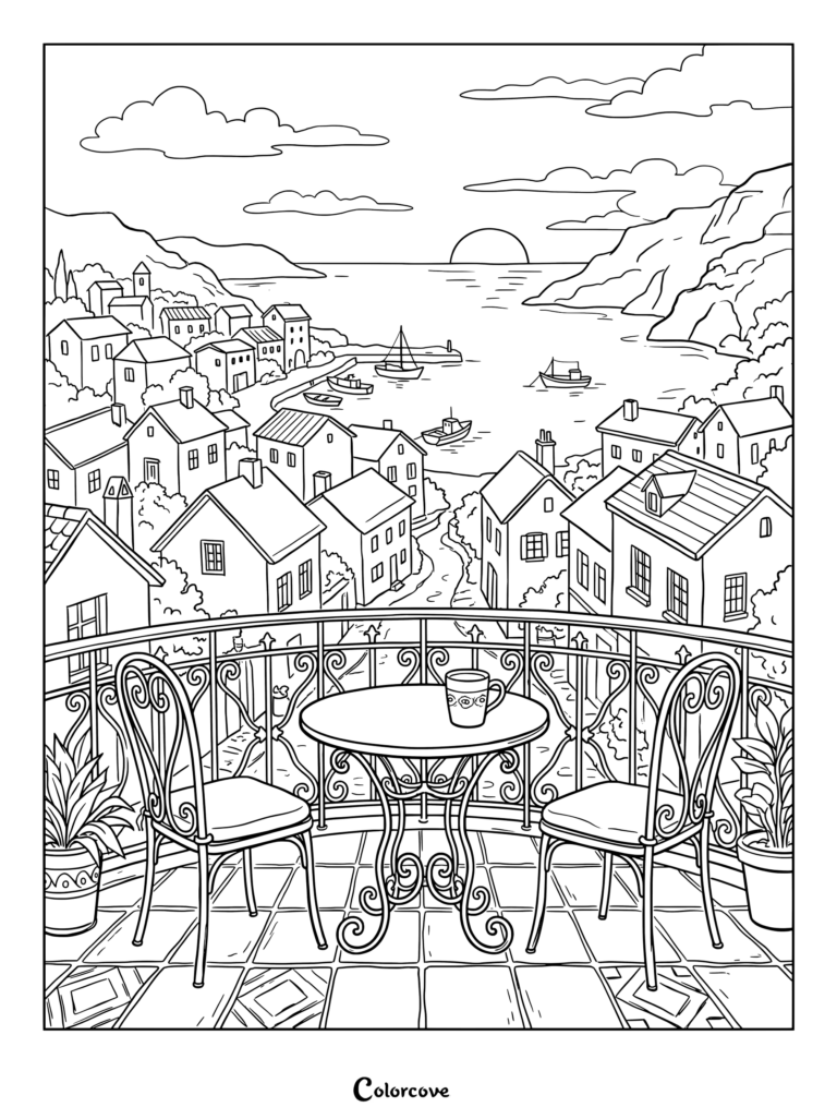 Dibujo para colorear con la vista desde un balcón costero con mesa, sillas y pueblo marinero durante un atardecer