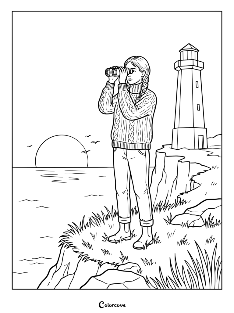 Dibujo para colorear de una chica con un suéter abrigado mirando por prismáticos cerca de un faro durante un atardecer.