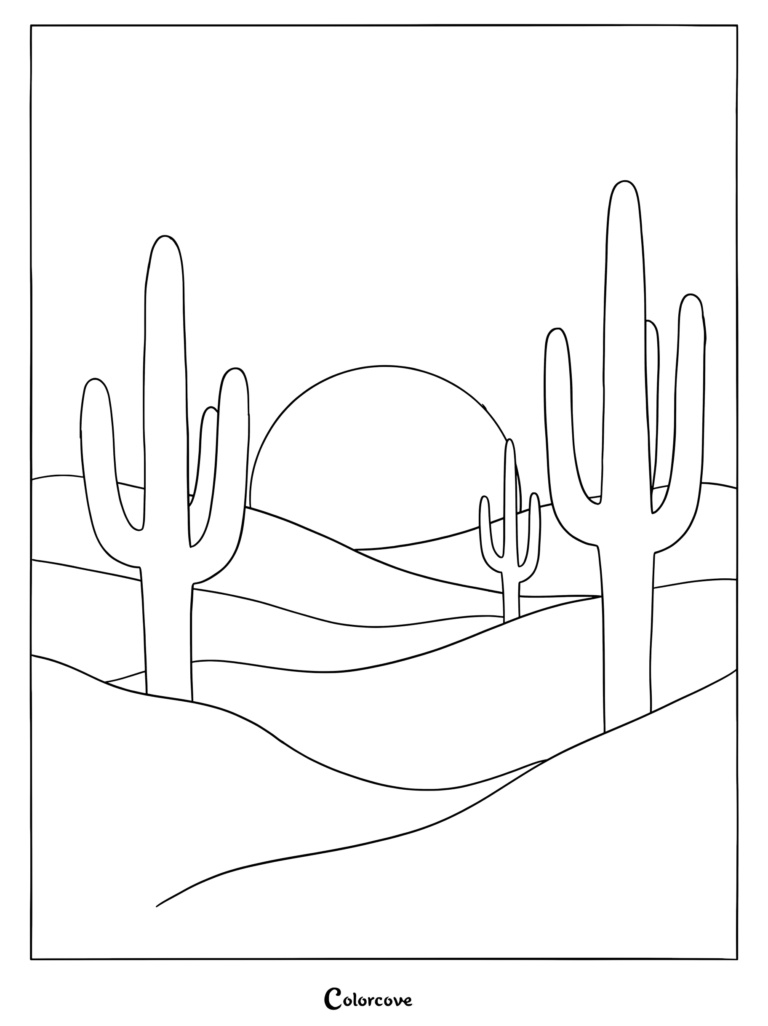 Dibujo para colorear de un paisaje desértico con cactus saguaro y dunas bajo un atardecer brillante.