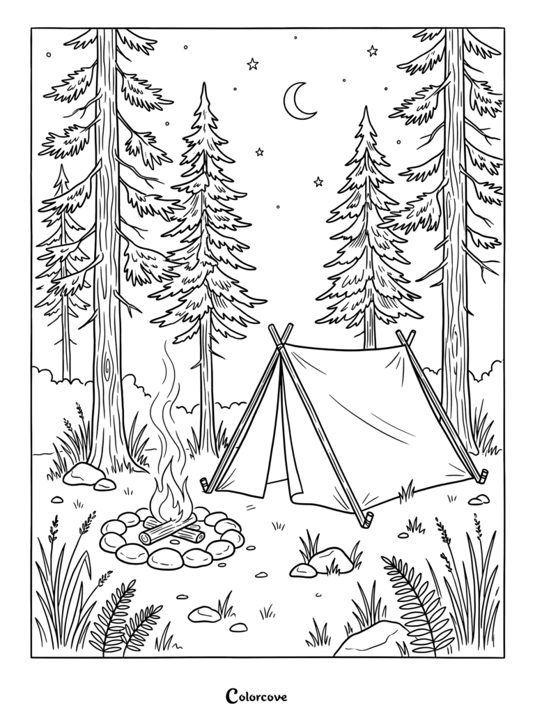 Dibujo para colorear de una tienda de campaña en un bosque de pinos durante un atardecer con fogata y luna creciente