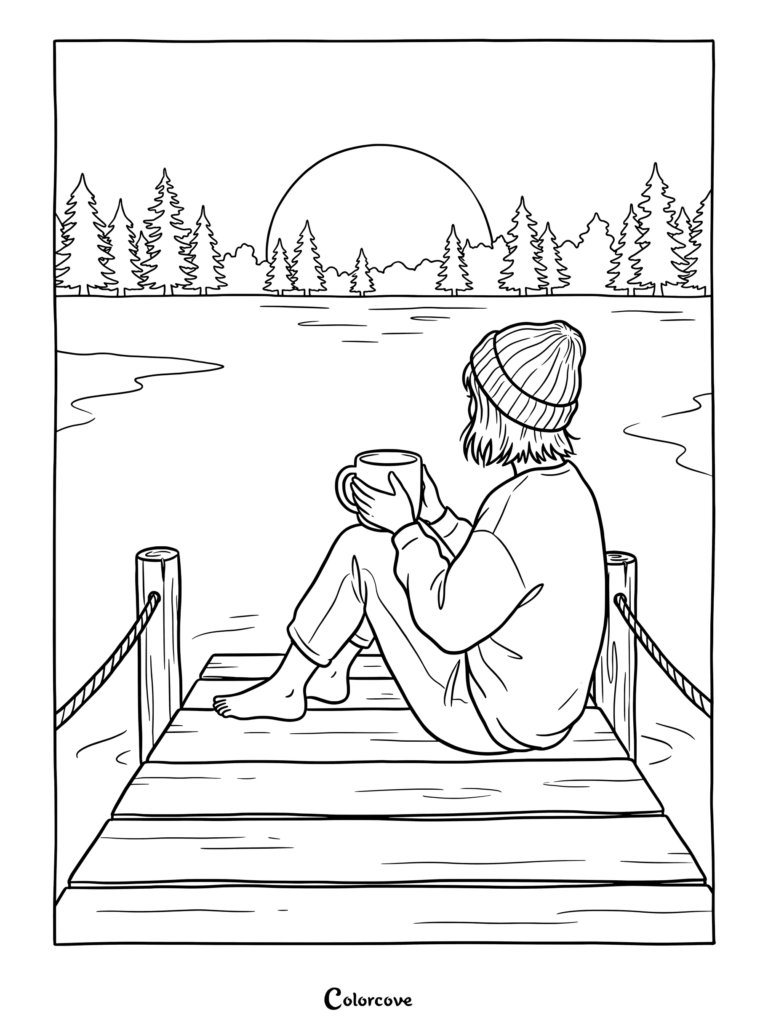 Dibujo para colorear de una chica sentada en un muelle de madera sosteniendo una taza caliente durante un atardecer sereno.