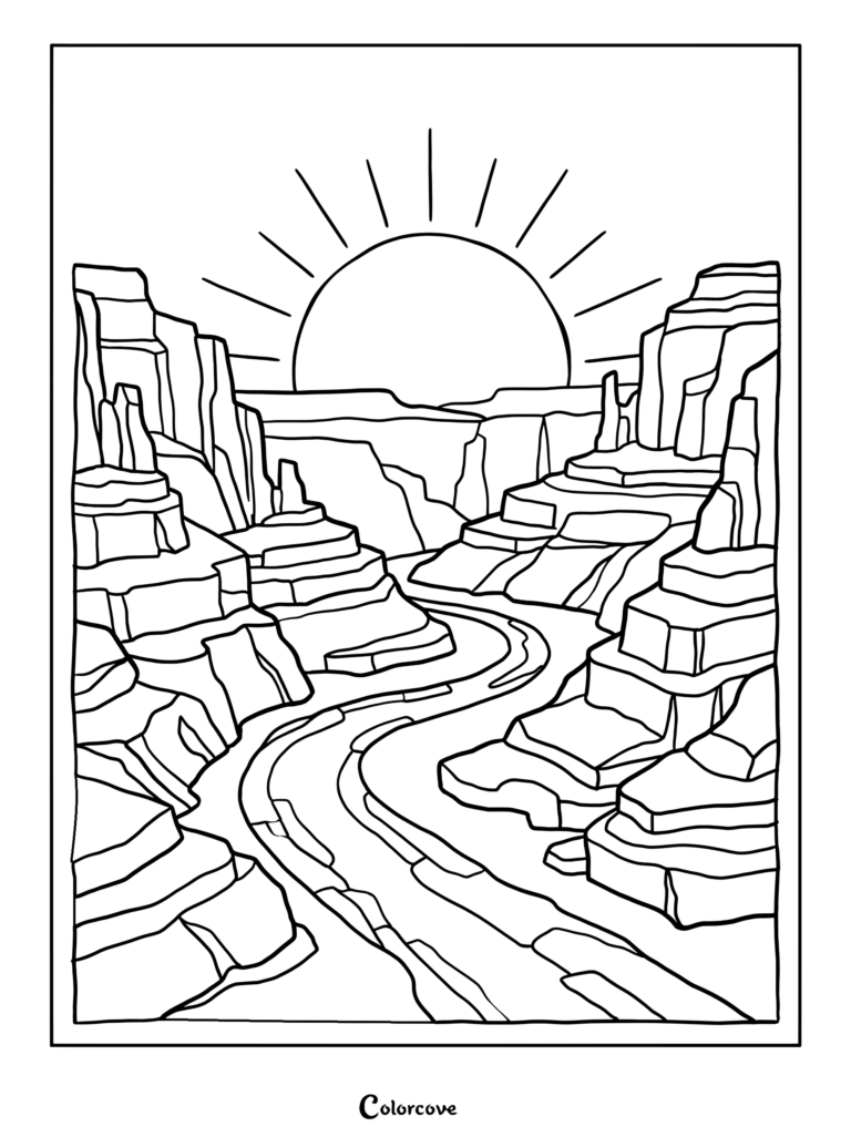 Dibujo para colorear del río del Gran Cañón con un atardecer radiante sobre acantilados rocosos.