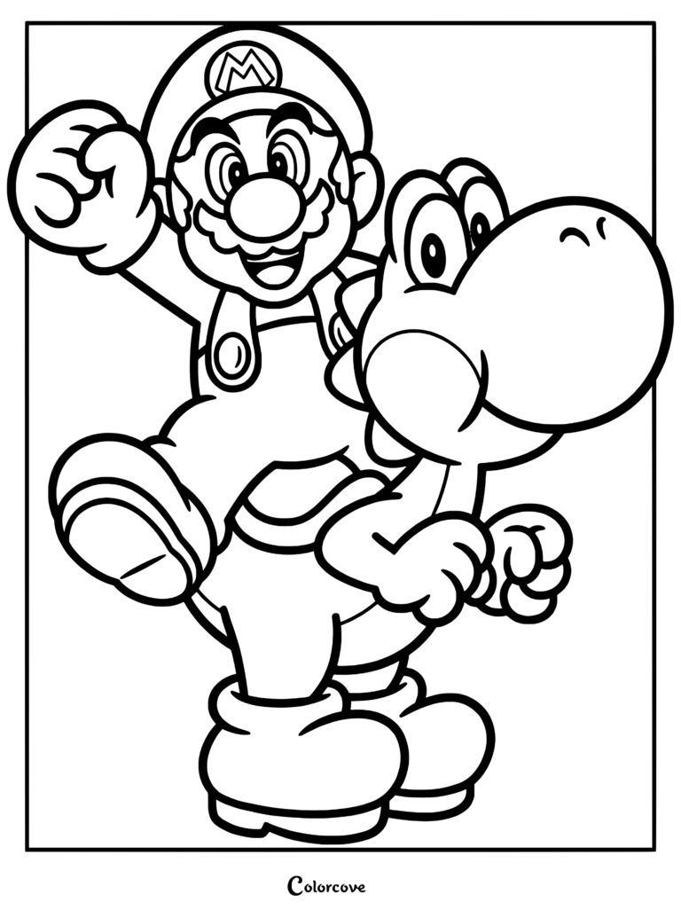 Super Mario encourageant tout en chevauchant le dos de Yoshi dans ce coloriage à imprimer.