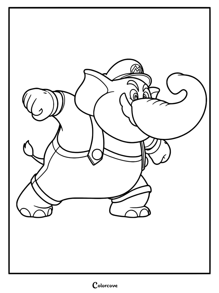 Mario Éléphant dans une pose dynamique, avec sa casquette et sa salopette caractéristiques, prêt pour un coloriage à imprimer.