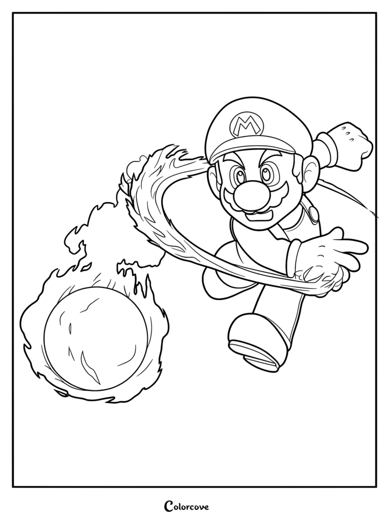 Mario de Feu lançant une boule de feu flamboyante sur ce coloriage à imprimer plein d'action.