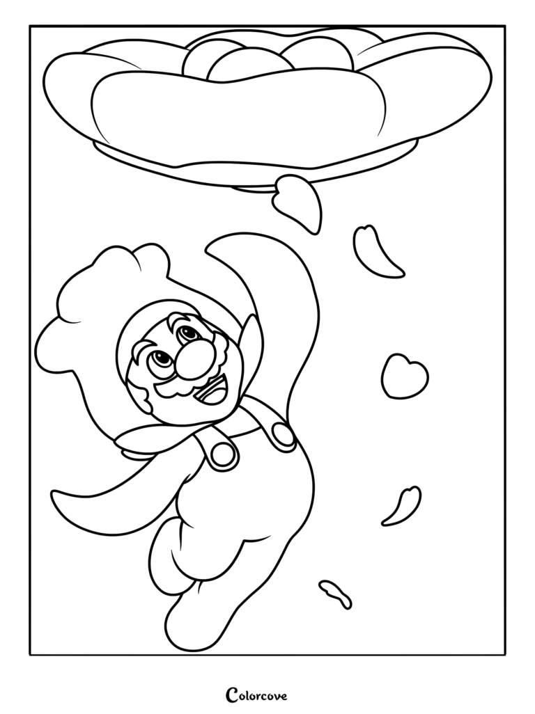 Mario Fleur sautant et essayant d'attraper des pétales de fleurs qui tombent sur ce coloriage à imprimer.