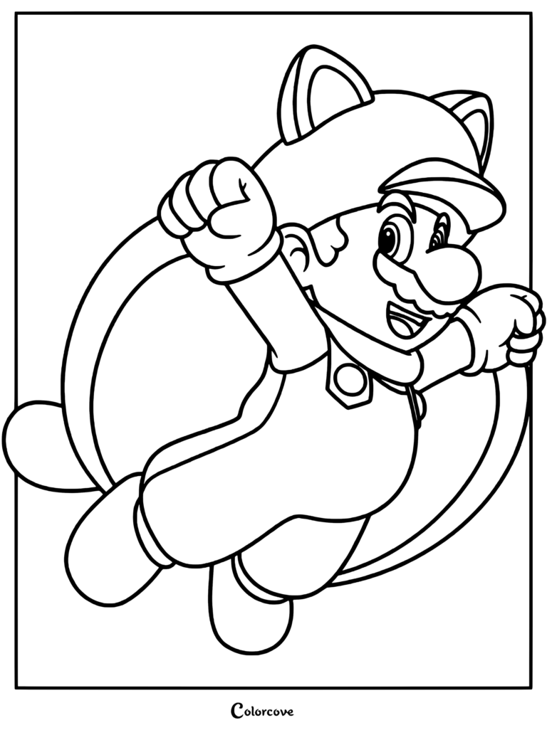 Mario Écureuil Volant fendant les airs sur ce coloriage à imprimer mettant en vedette son costume d'écureuil emblématique.