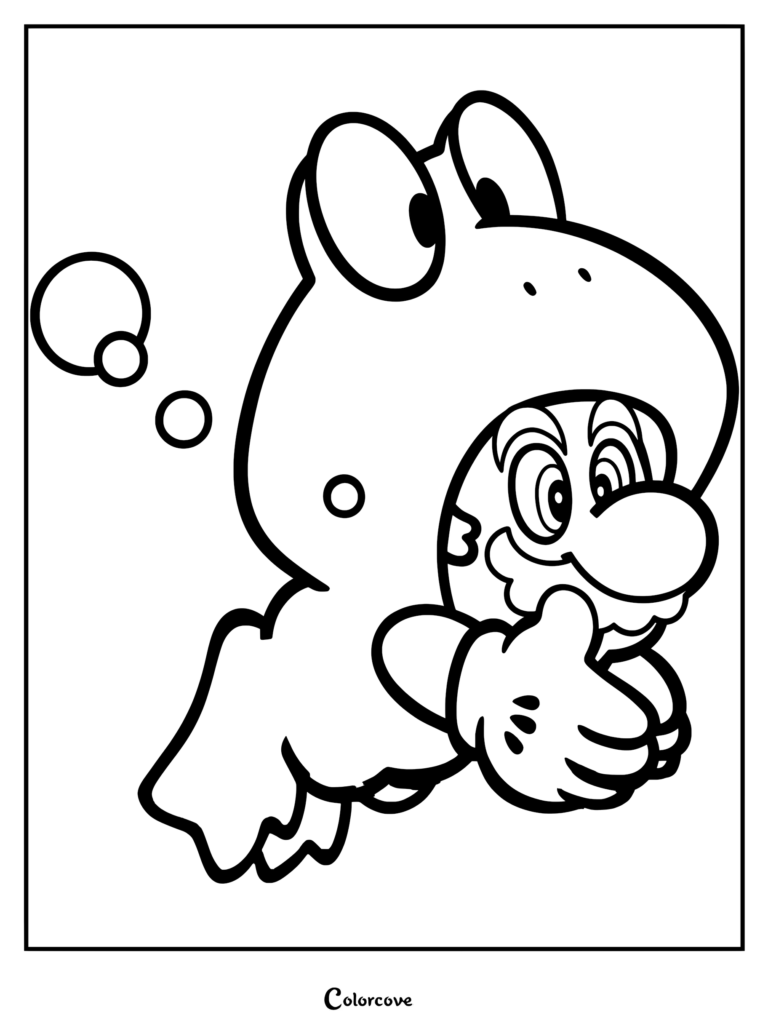 Mario Grenouille portant un costume de grenouille vert et nageant avec des bulles sur ce coloriage à imprimer.
