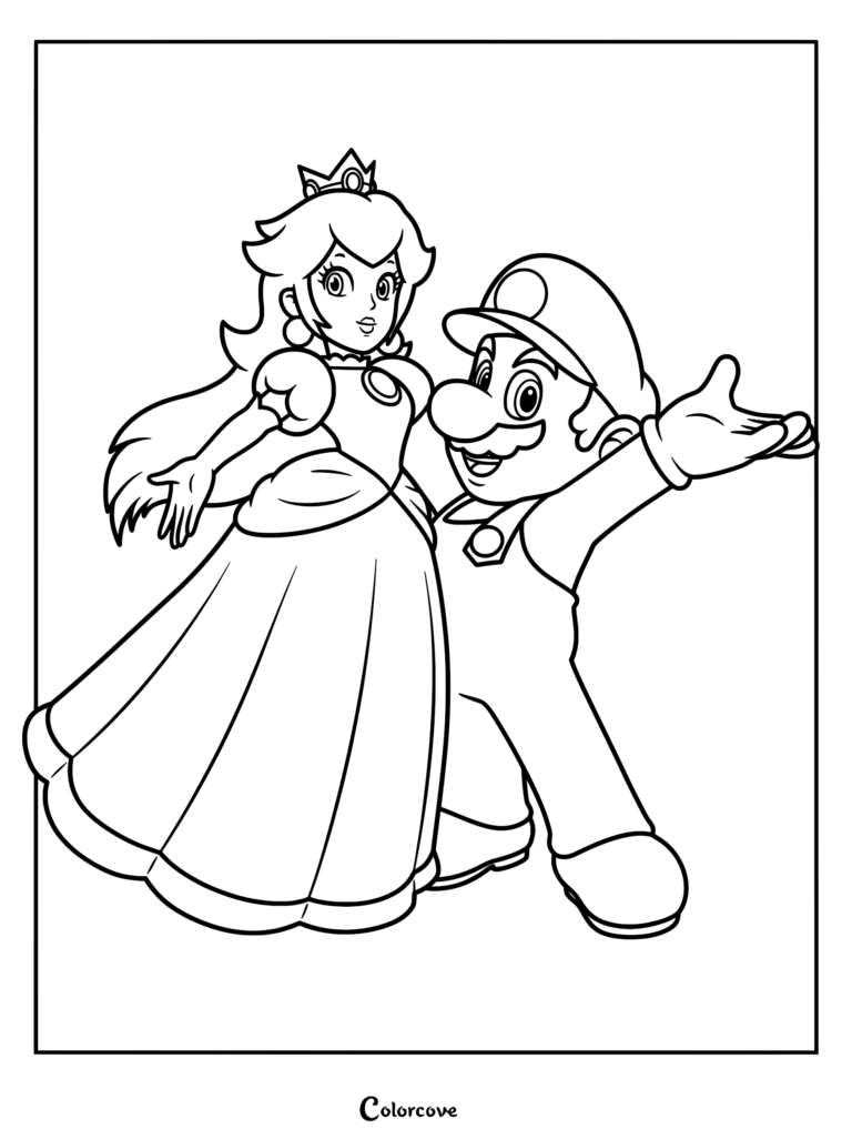 Super Mario et la Princesse Peach se tenant côte à côte dans une illustration de coloriage