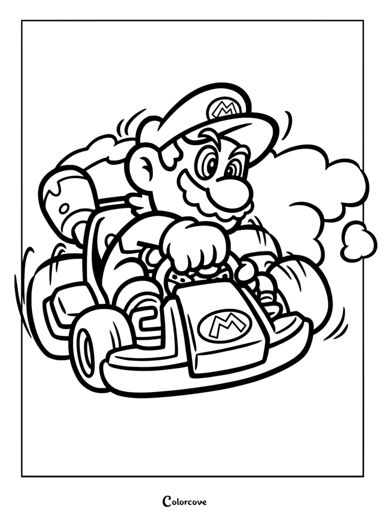 Super Mario conduisant un kart arborant un emblème en forme de M, dégageant de la fumée d'échappement, coloriage en noir et blanc.