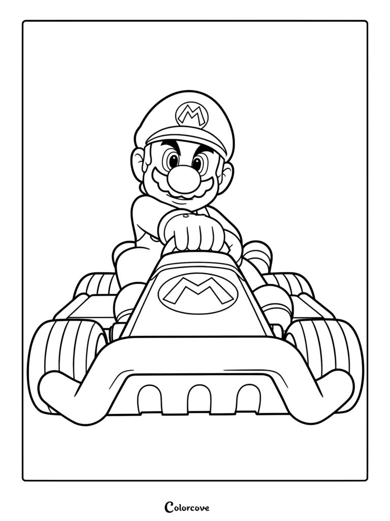 Super Mario agrippant le volant de son kart sur ce coloriage à imprimer.