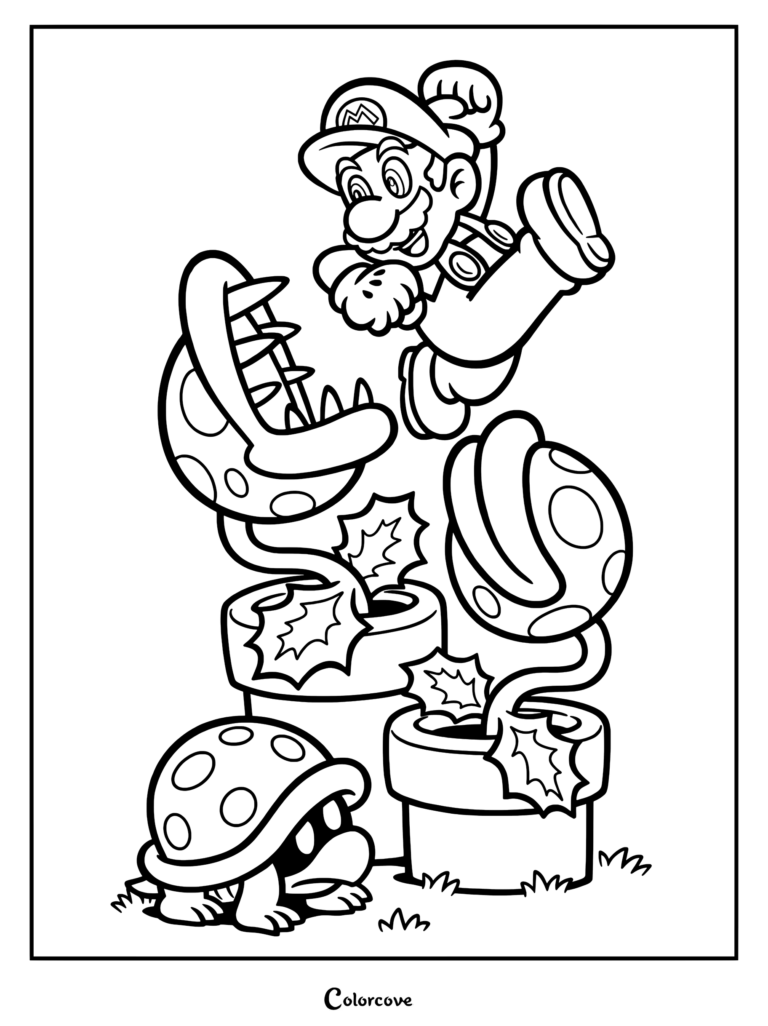 Super Mario sautant par-dessus deux Plantes Piranha sortant de tuyaux avec un Scarabée Buzz à proximité sur ce coloriage à imprimer.