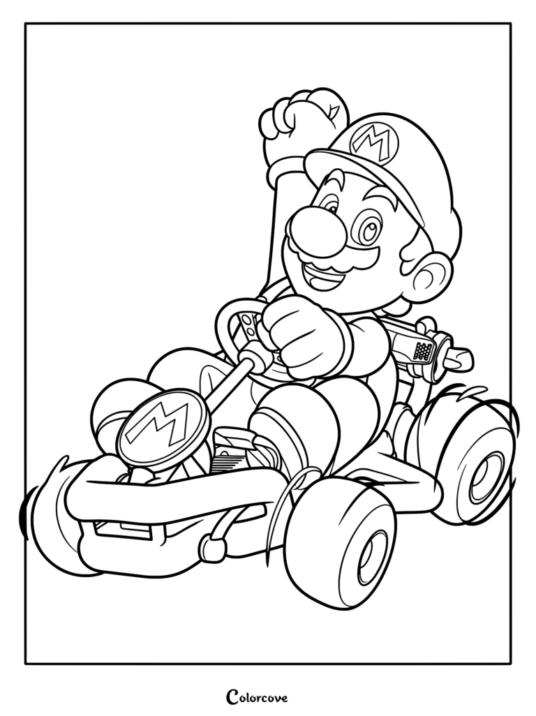 Super Mario encourageant la foule avec une main levée tout en conduisant son kart sur ce coloriage à imprimer.
