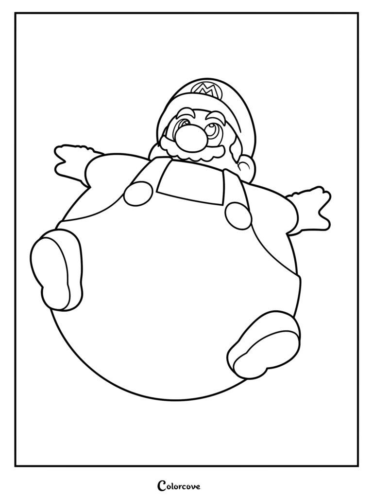 Mario Ballon flottant dans les airs sur un coloriage à imprimer représentant le personnage gonflé.