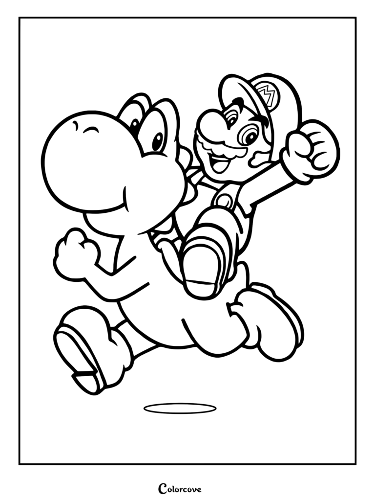Super Mario chevauchant le dos de Yoshi dans une pose de course dynamique, coloriage en noir et blanc.