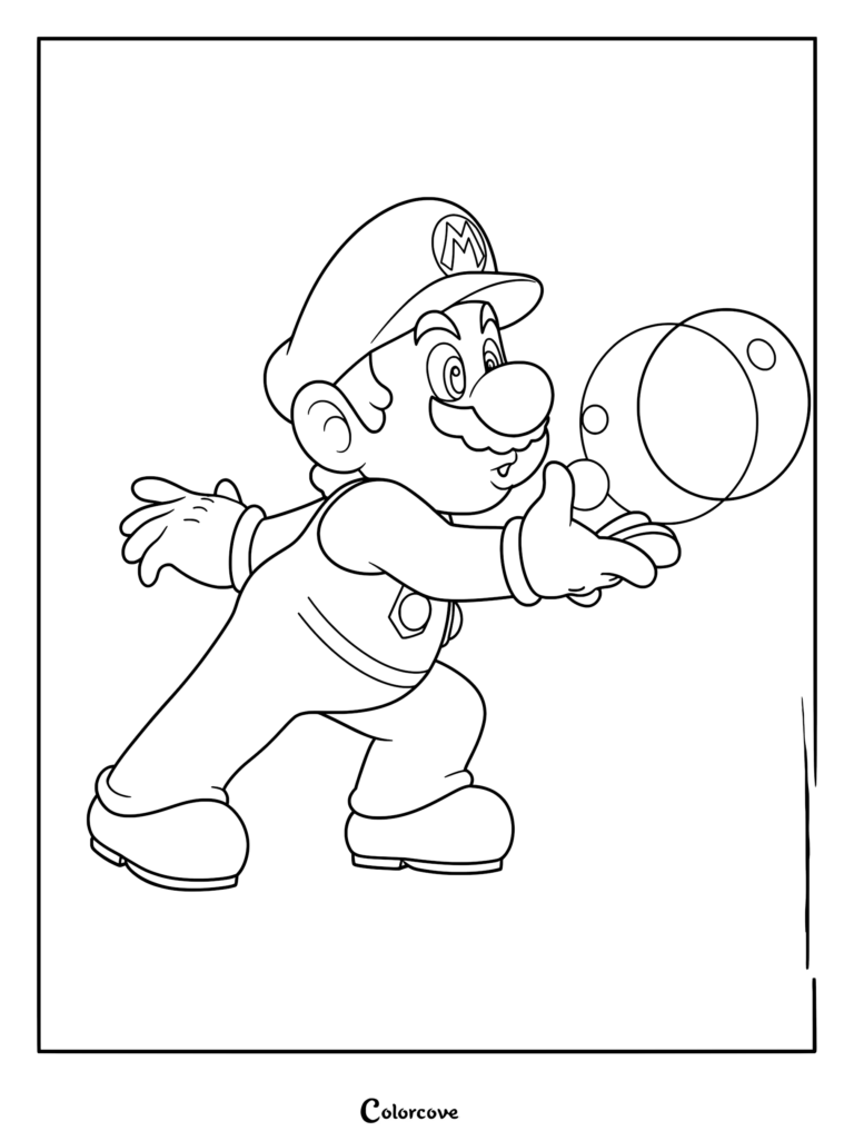 Super Mario soufflant une grande bulle avec une baguette magique, coloriage à imprimer.