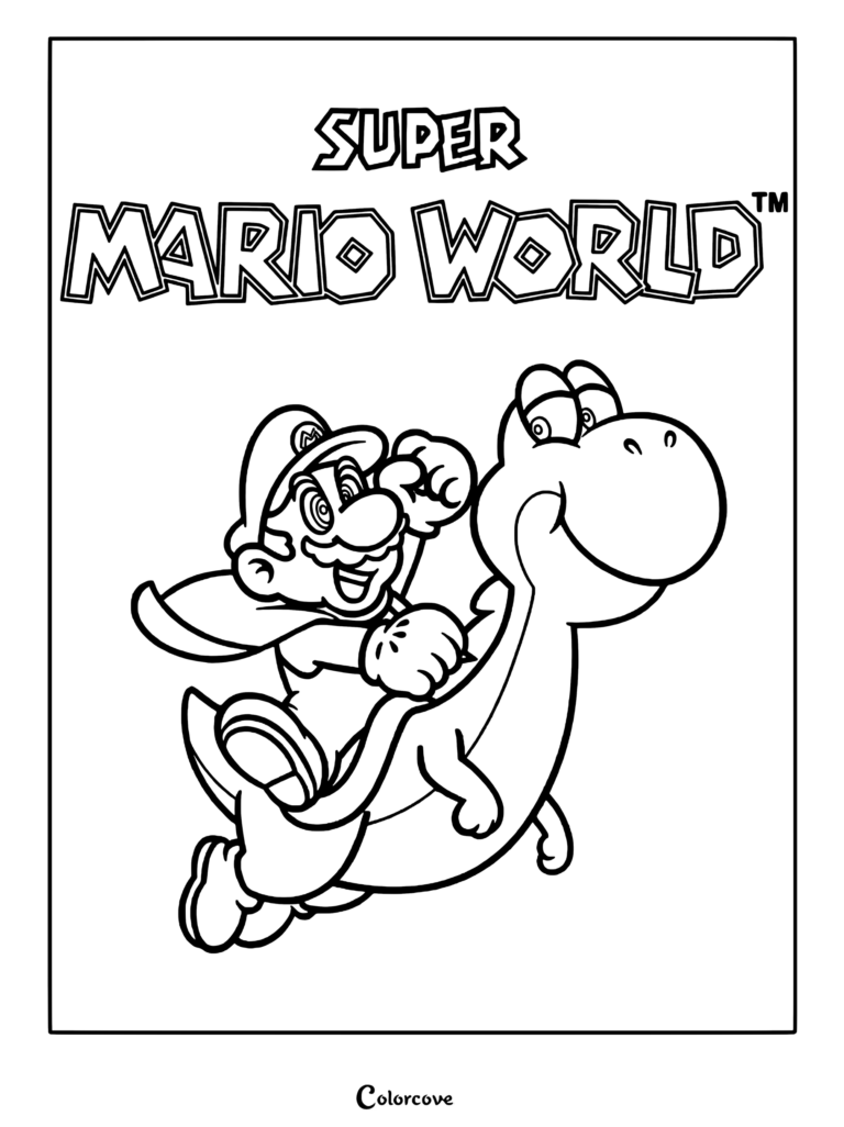 Mario Cape chevauchant le dos de Yoshi dans un coloriage Super Mario World.
