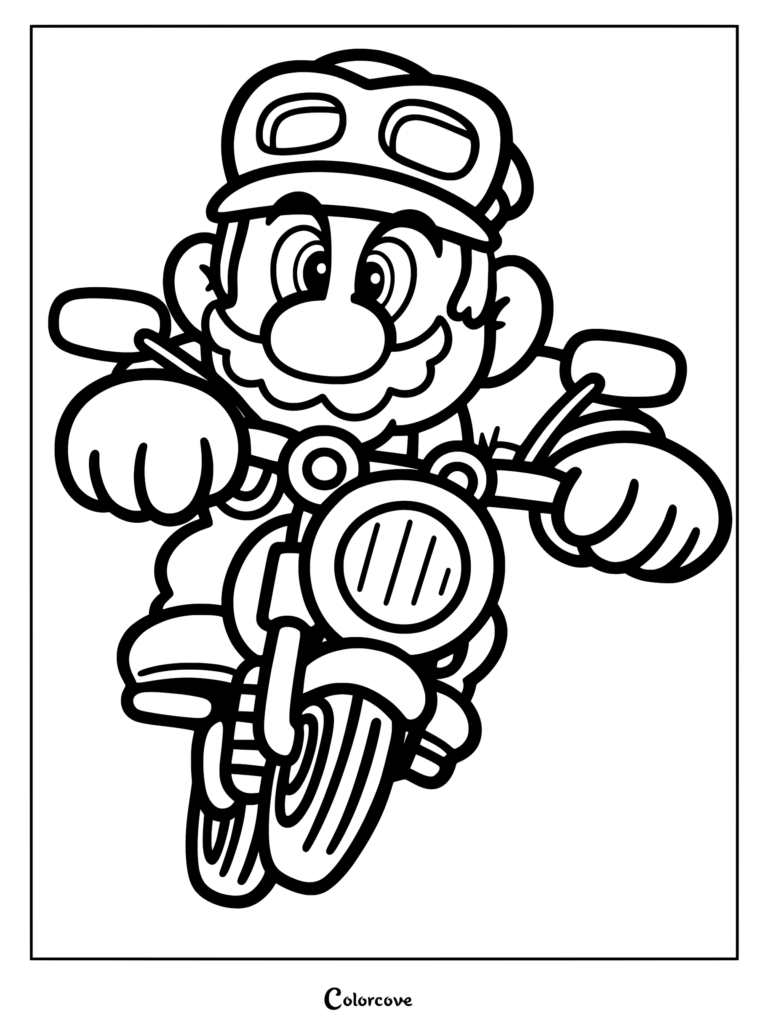 Super Mario portant une casquette et des lunettes de protection tout en conduisant une moto sur ce coloriage à imprimer.