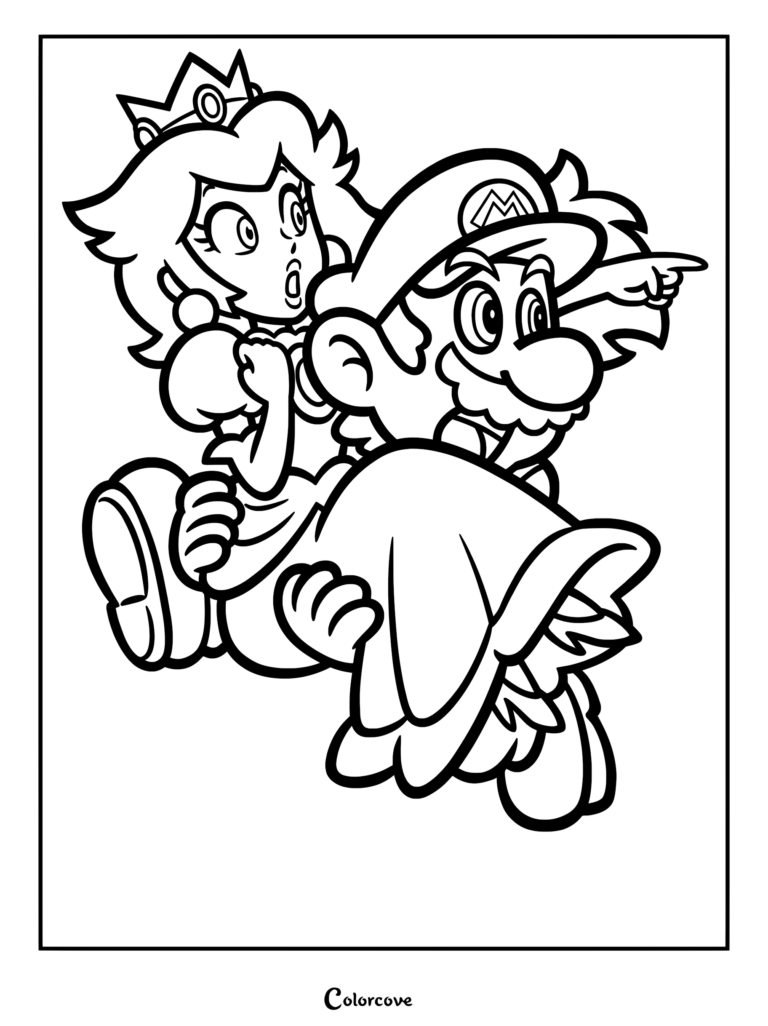 Super Mario portant la Princesse Peach dans ses bras tout en pointant vers l'avant dans ce coloriage au trait.
